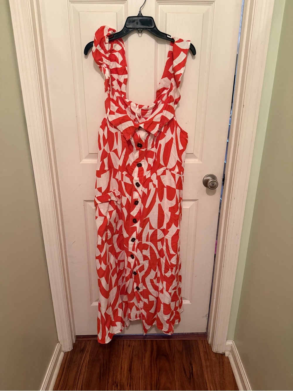 Anthropologie Red & White Ruffled Button-Front Maxi Dress